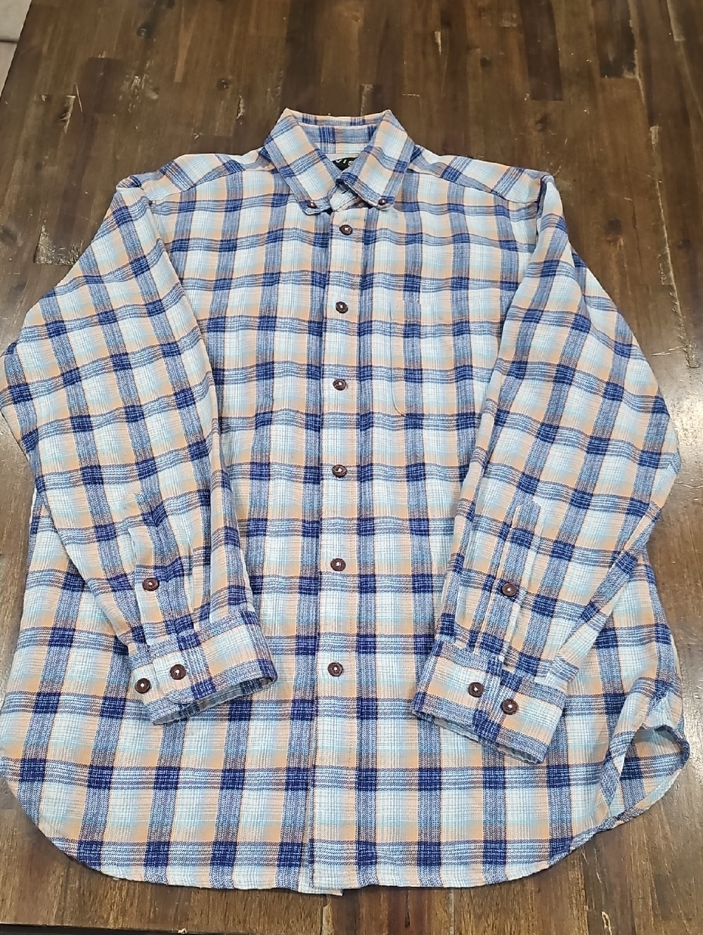 Orvis Blue and Light Orange Plaid Button-Down Flannel Shirt